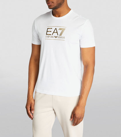 EA7,White Cotton Gold Logo Print T-Shirt