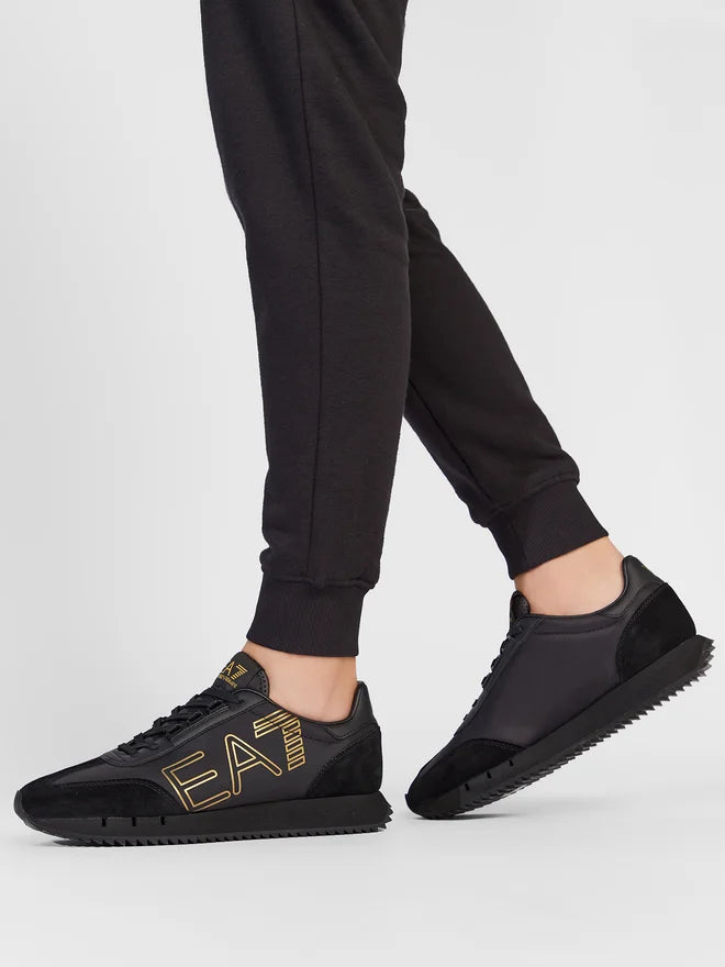 Emporio Armani, Gold Logo-Print Low-Top Black Sneakers