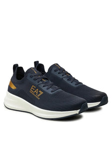 Emporio Armani,  Navy Knit Sneakers With Gold Details