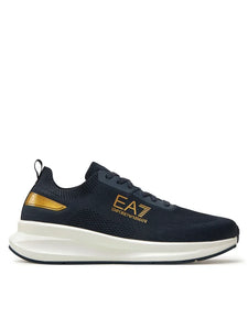 Emporio Armani,  Navy Knit Sneakers With Gold Details