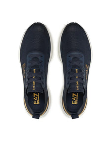 Emporio Armani,  Navy Knit Sneakers With Gold Details