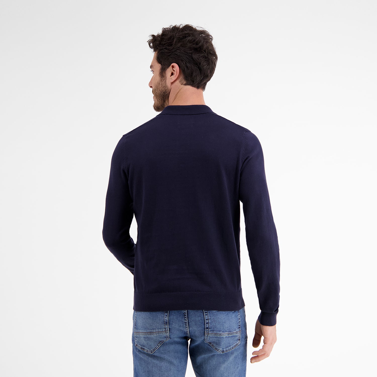 Lerros, Navy Flat-knit Poloshirt With Longsleeves