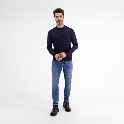 Lerros, Navy Flat-knit Poloshirt With Longsleeves