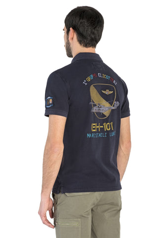 Marina Militare, Dark Navy Polo With Central Print Of A Helicopter